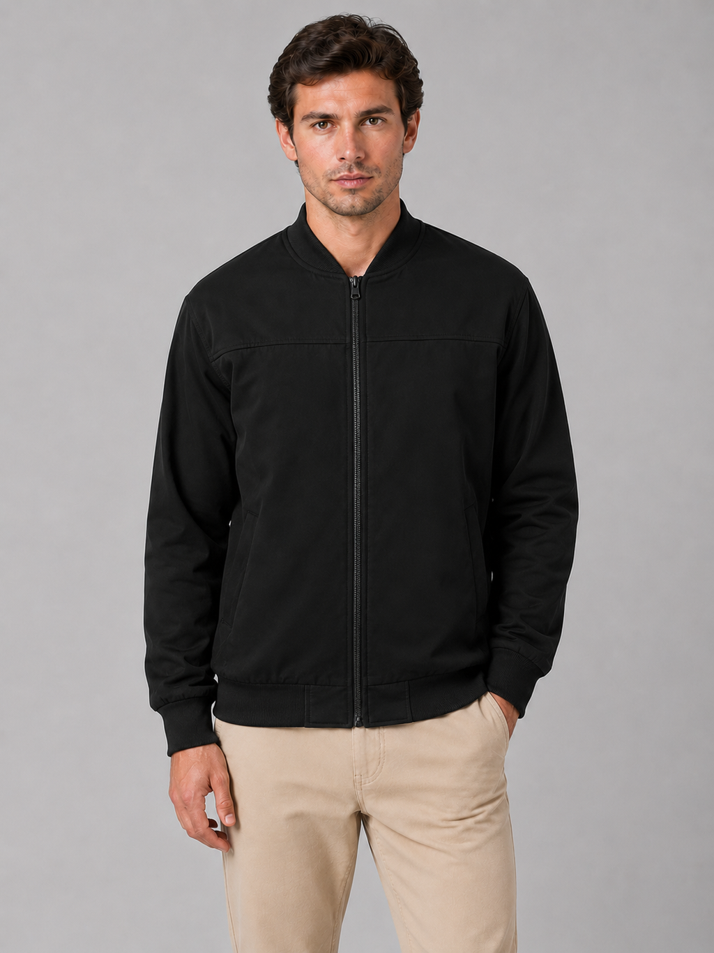 Man wearing black zip bomber jacket with ribbed collar and cuffs paired with beige pants, front view