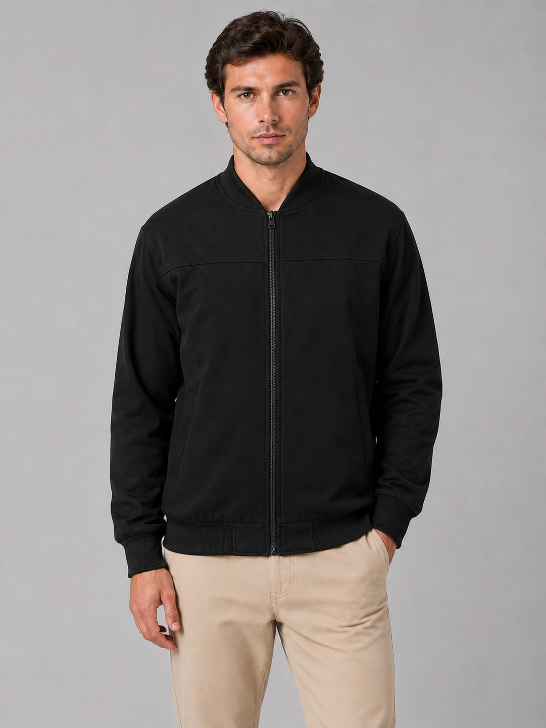 Man wearing black zip bomber jacket with ribbed collar and cuffs paired with beige pants, front view