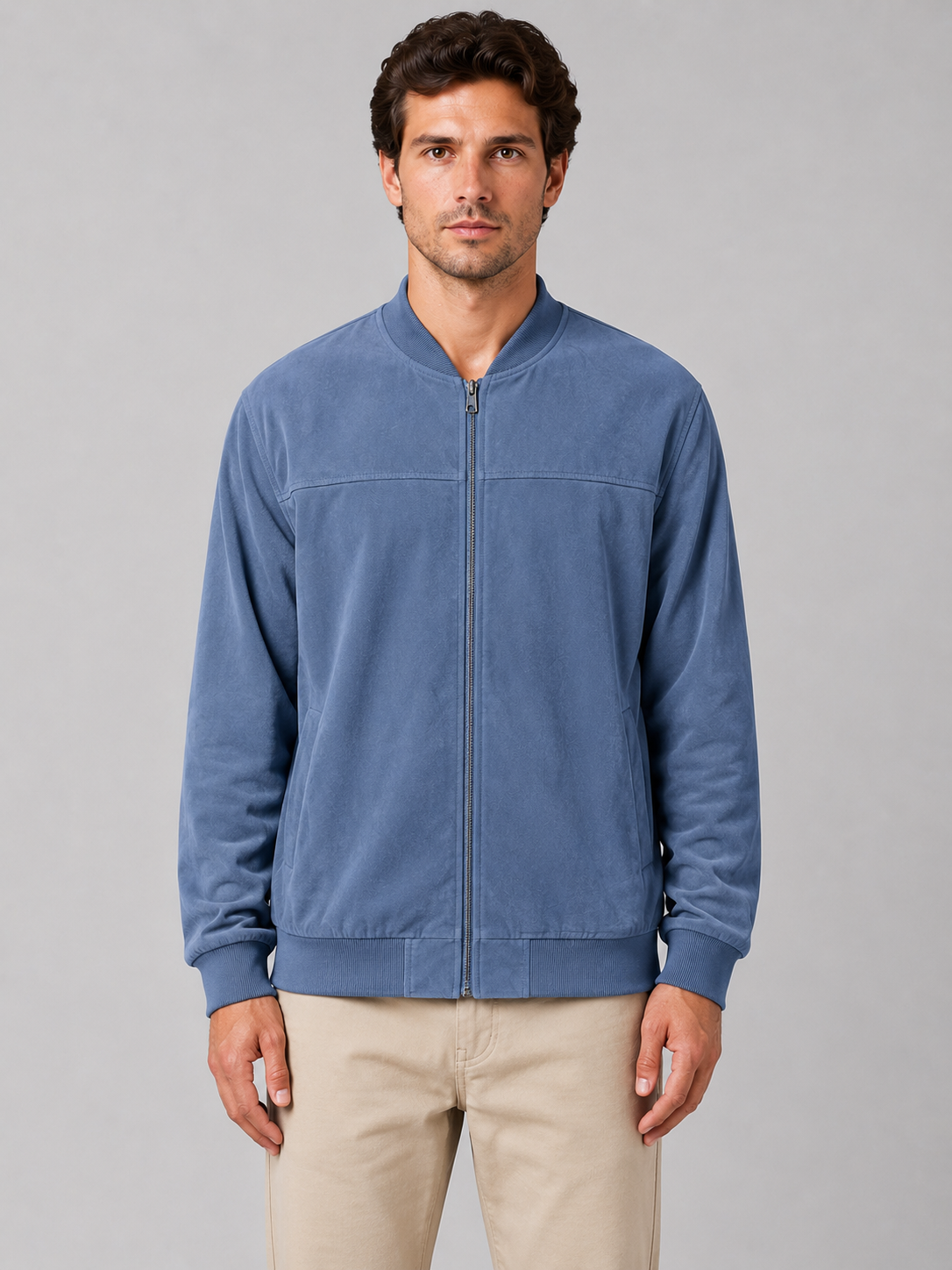 Man wearing blue casual zip bomber jacket with cream pants, frontal view on gray background