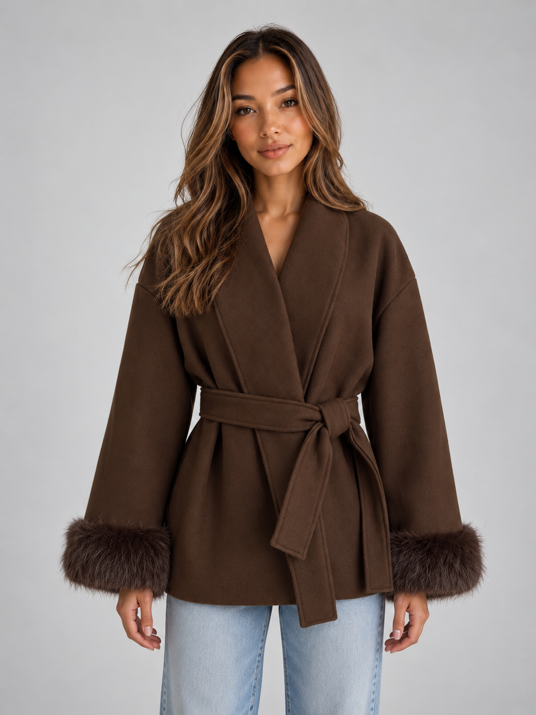 Woman wearing brown belted wrap coat with faux fur cuffs and light blue jeans against gray background