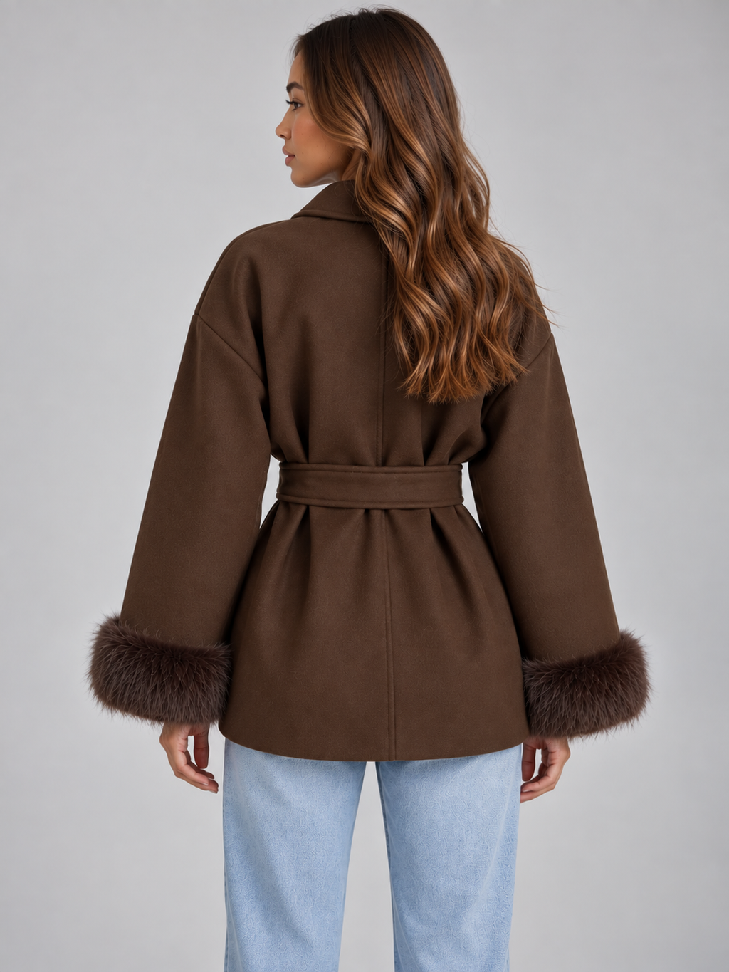 Woman wearing brown belted wrap coat with faux fur cuffs over light blue jeans, rear view
