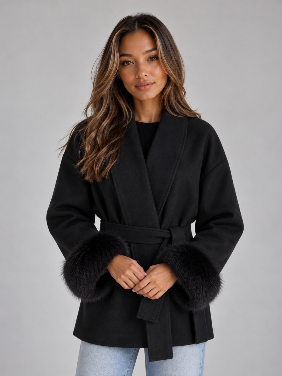 Woman wearing black belted wrap coat with faux fur cuffs and light blue jeans against gray background