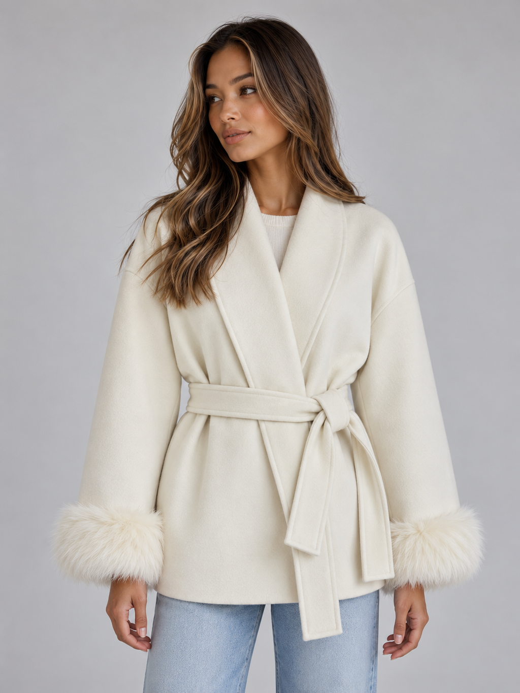 Woman wearing cream belted wrap coat with faux fur cuffs over light blue jeans, standing against gray background