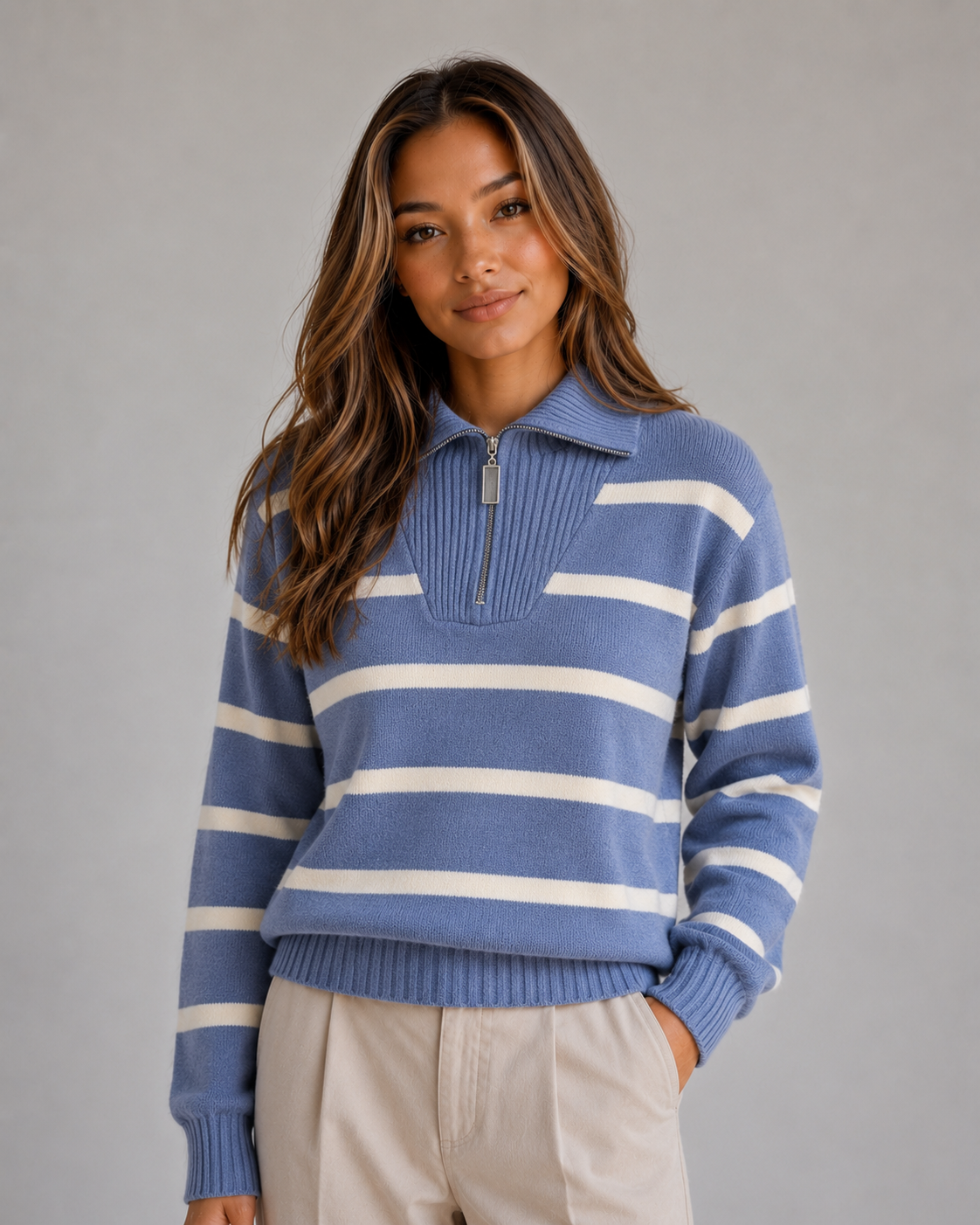 Woman wearing blue and cream striped half-zip knitted jumper with relaxed collar and beige pants against gray background
