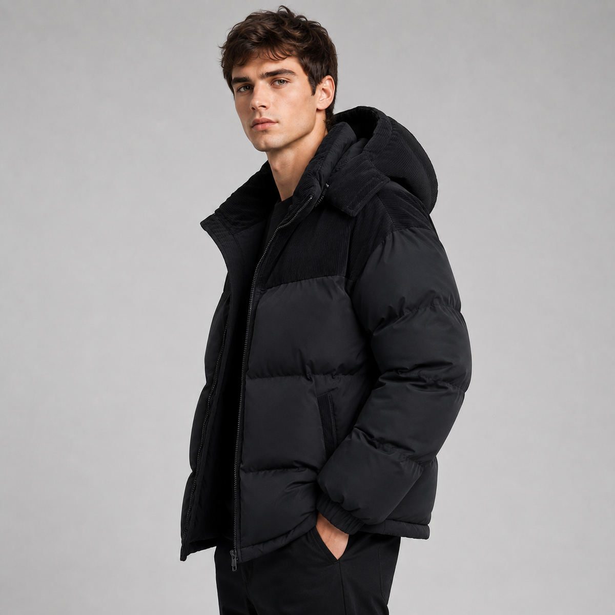 Man wearing black oversized padded hooded puffer jacket with ribbed collar, front zip, and side pockets against gray background