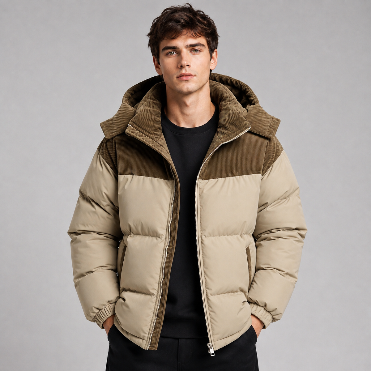 Man wearing beige and olive padded puffer jacket with corduroy hood and black undershirt against gray background