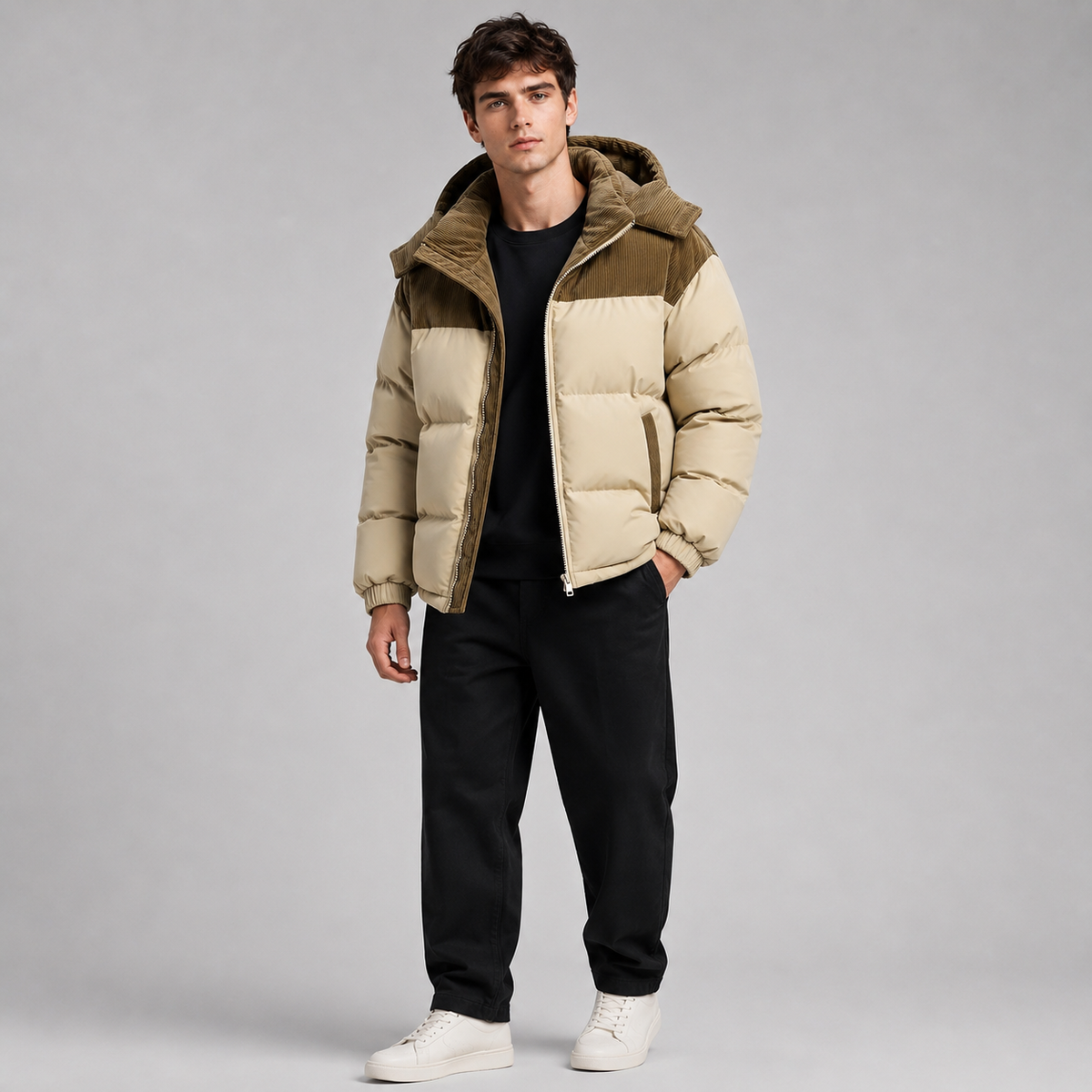 Man wearing cream and olive padded puffer jacket with hood over black t-shirt, black pants, and white sneakers