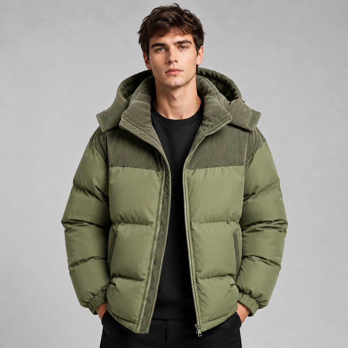 Male model wearing sage green oversized padded puffer jacket with ribbed upper panel and hooded neckline over black t-shirt