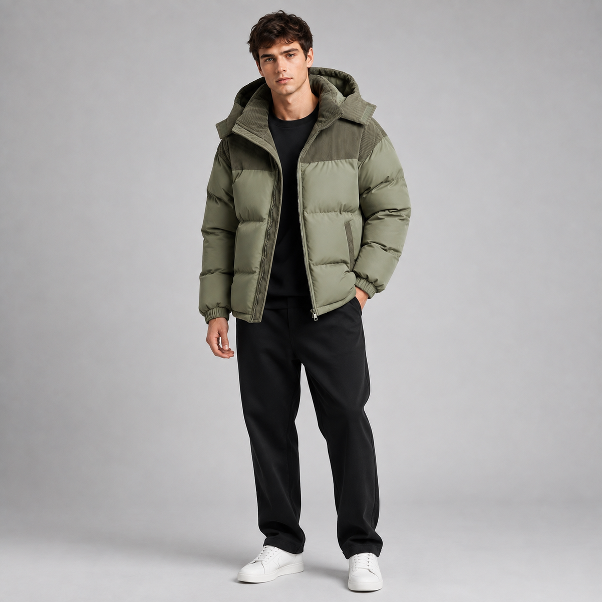 Man wearing olive green padded puffer jacket with hood over black shirt, black pants, and white sneakers against gray background