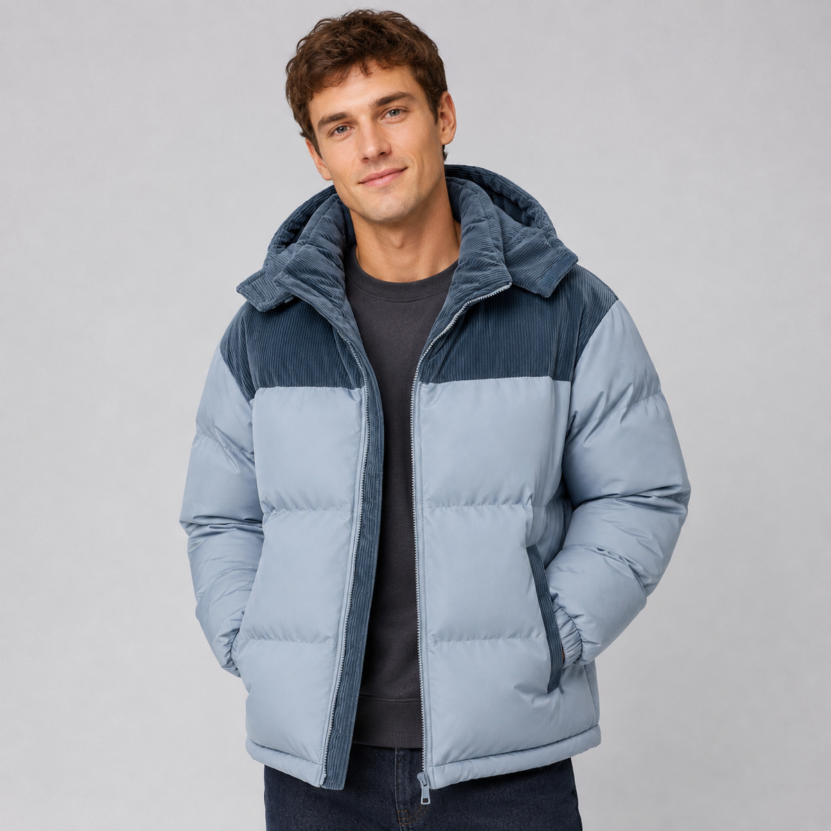 Men's light blue and navy padded puffer jacket with hood, worn by male model with dark hair against gray background