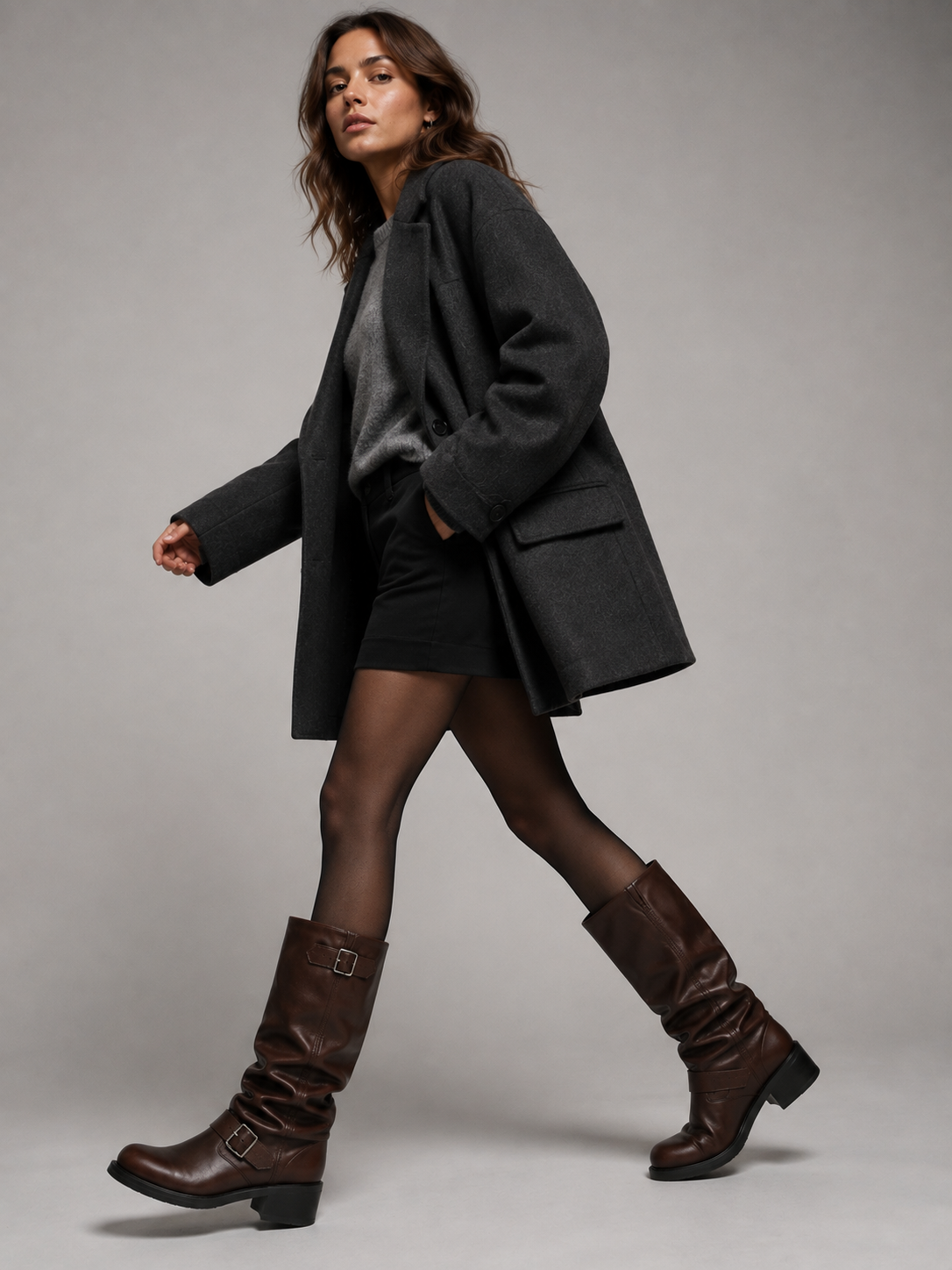 Woman wearing charcoal blazer and black shorts with brown leather knee-high biker boots featuring buckle details and black tights