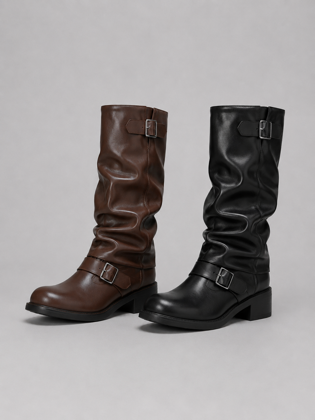Brown and black leather knee-high biker boots with buckle straps and chunky block heels, displayed side by side