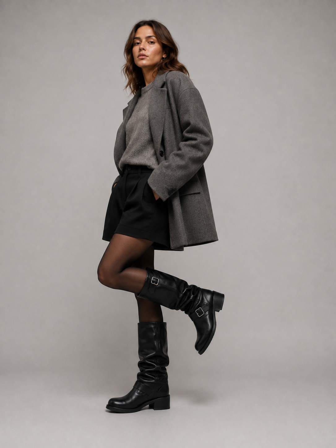 Woman wearing gray blazer, black shorts, and black leather knee-high biker boots with buckle straps against white background