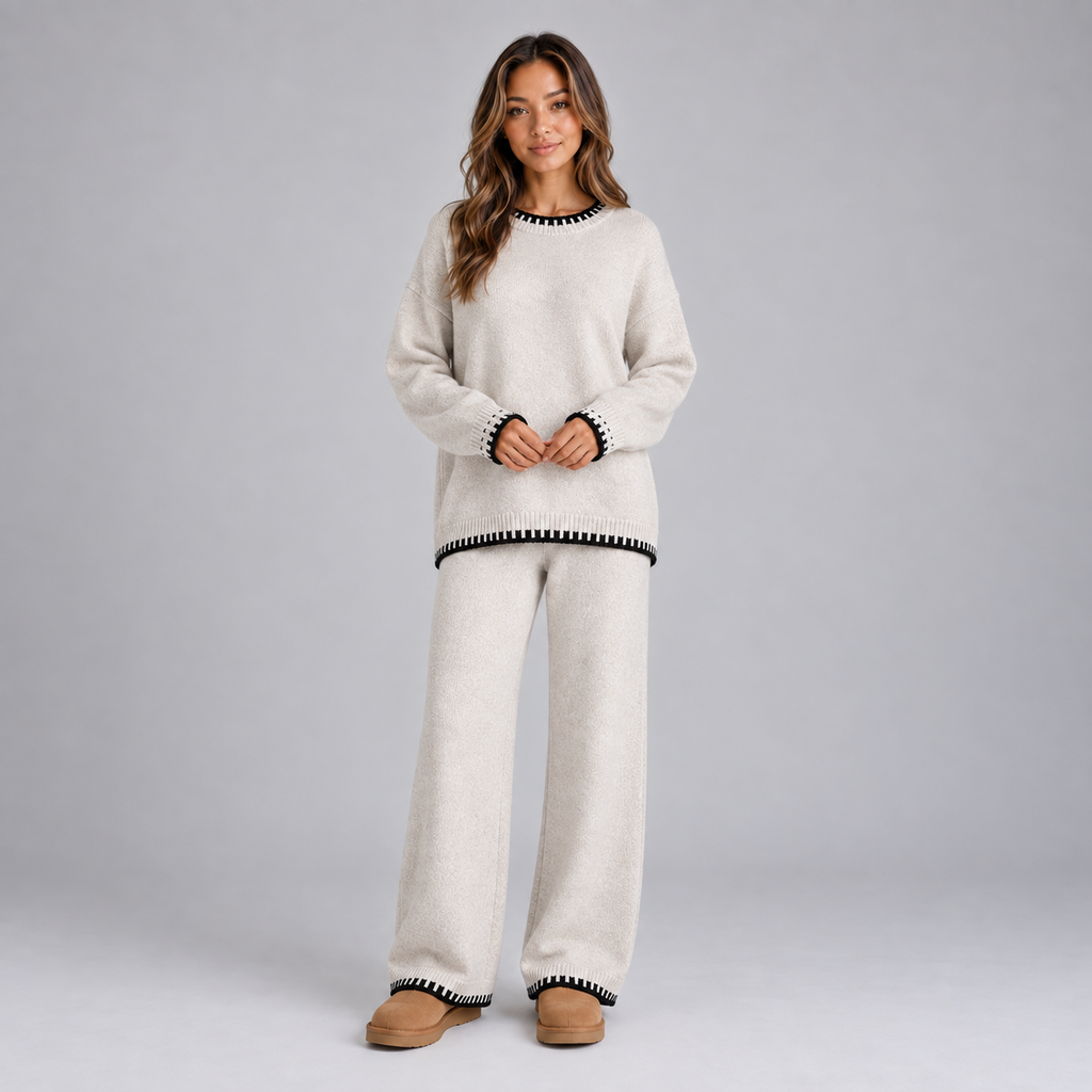 Woman wearing cream knit sweater and wide leg pants with black contrast trim at neckline, cuffs, and hem, styled with tan platform slippers