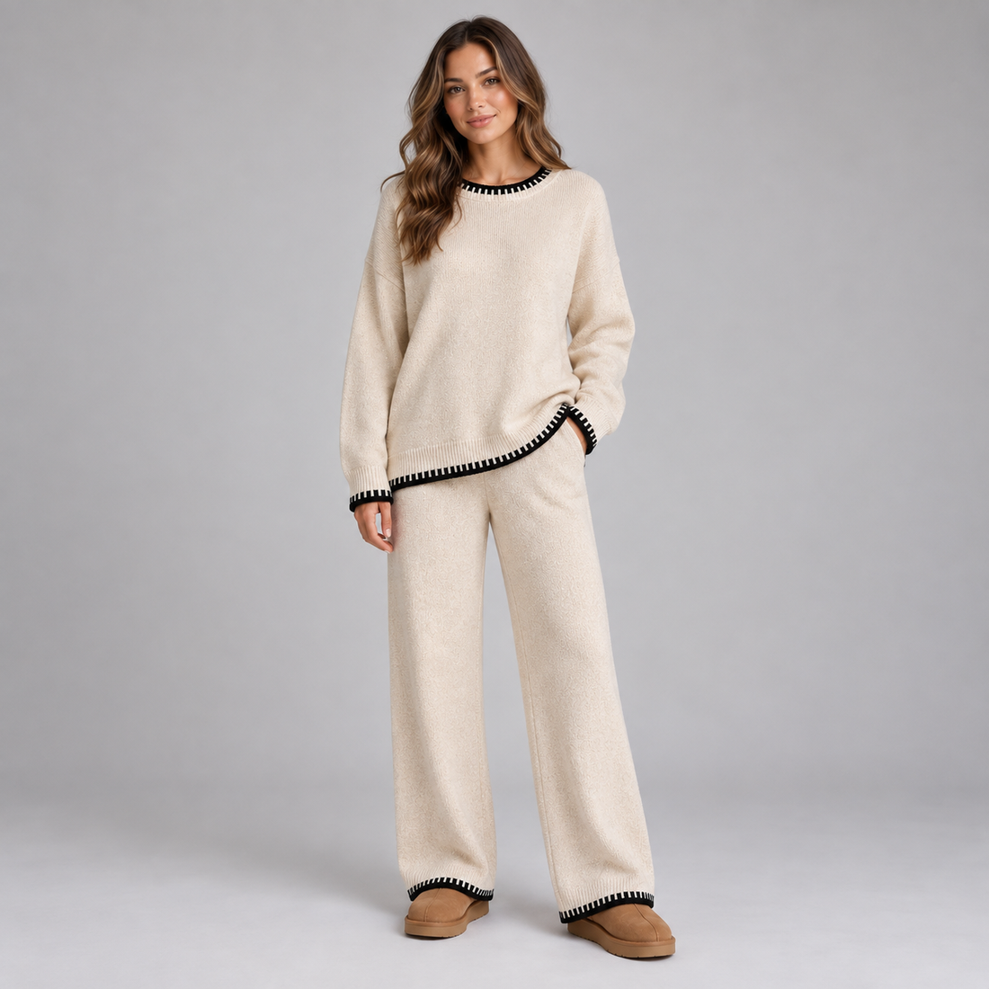 Woman wearing cream knit sweater and wide leg pants with black contrast trim at neckline, cuffs and hem, styled with tan slippers