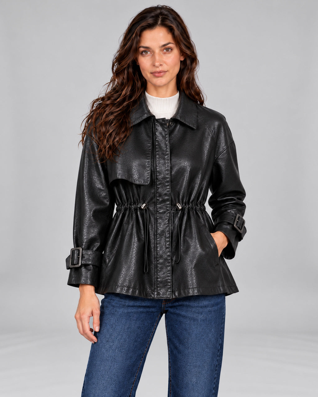 City Noir black leather drawstring jacket, Andrea front