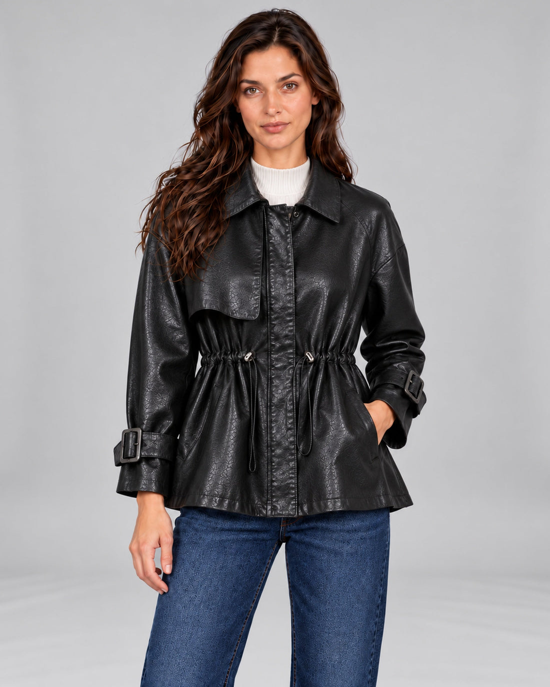 City Noir black leather drawstring jacket, Andrea front