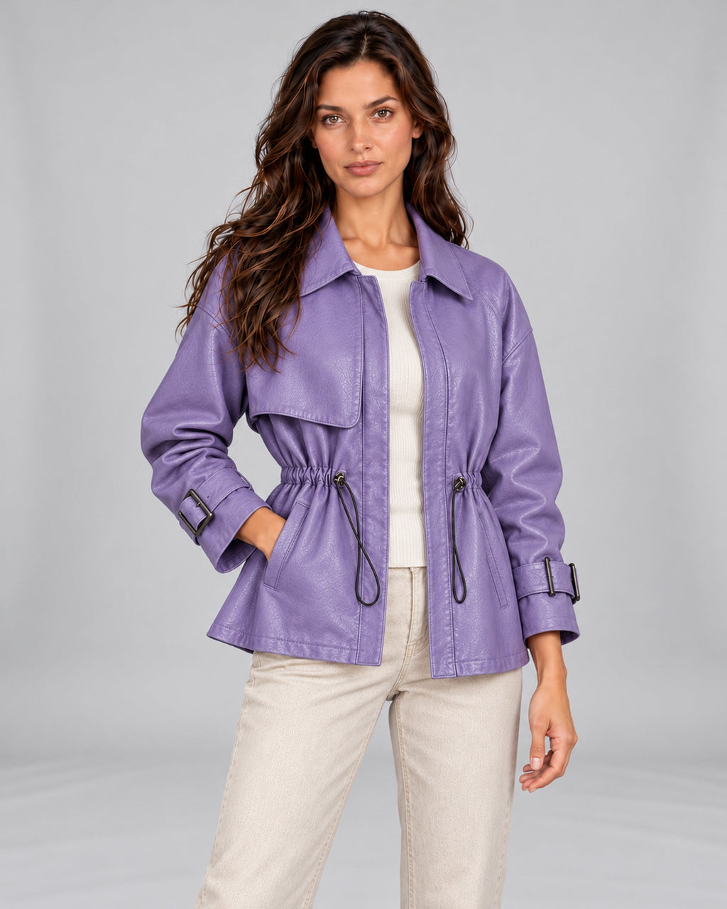Lavender leather drawstring jacket, Andrea angled front
