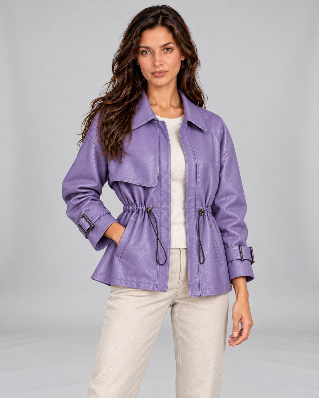 Lavender leather drawstring jacket, Andrea angled front