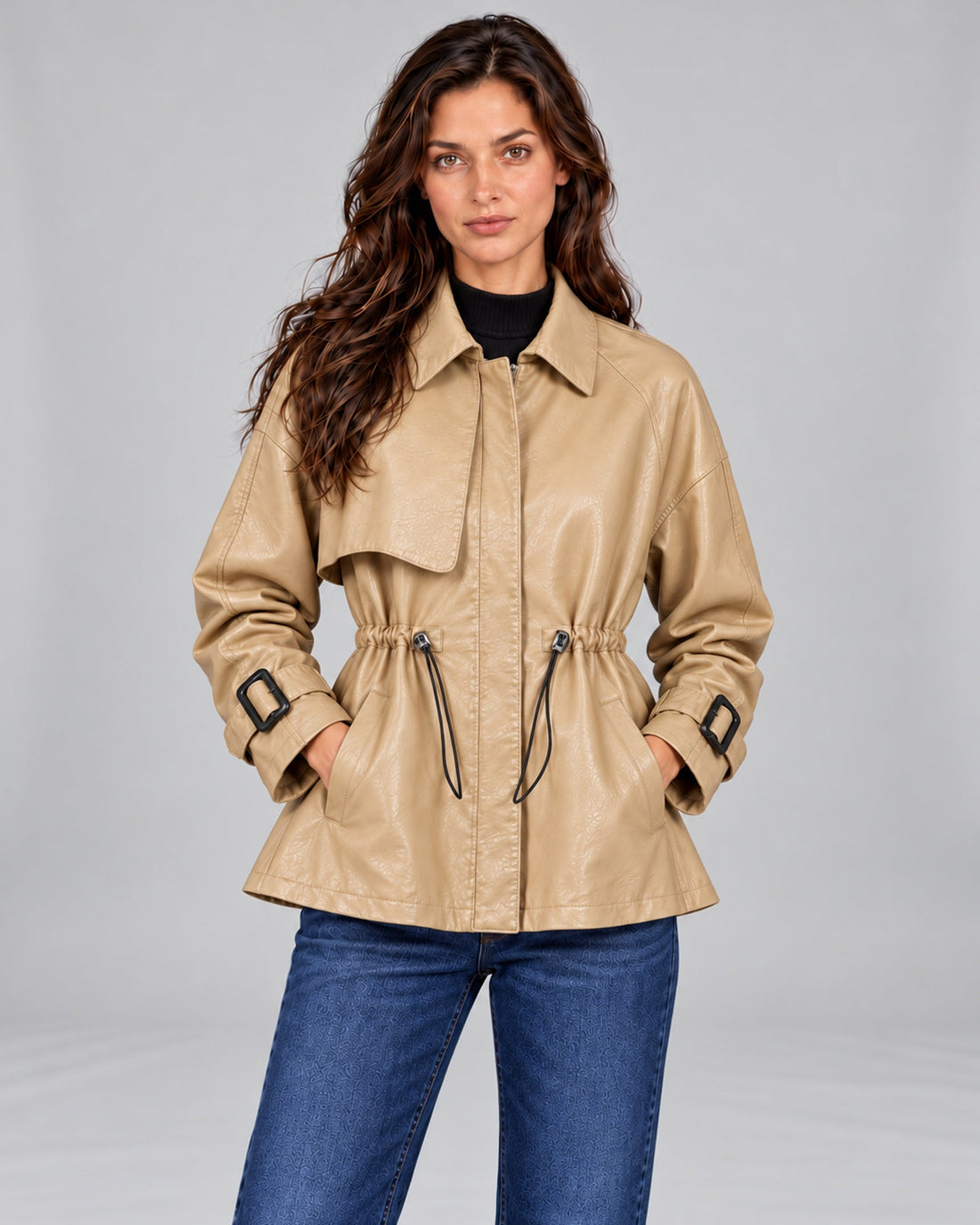 Champagne leather drawstring jacket, Andrea front