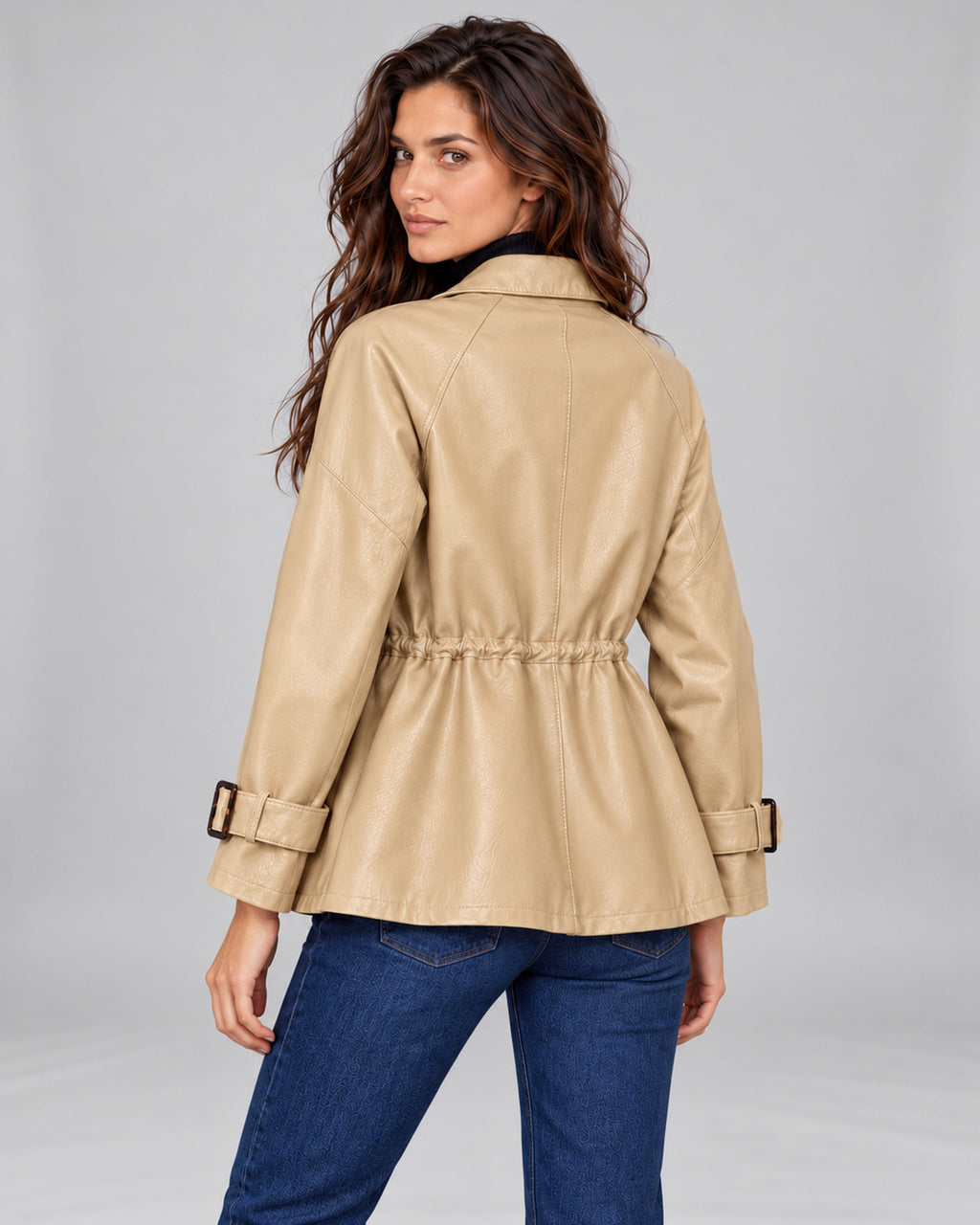 Champagne leather drawstring jacket, Andrea back