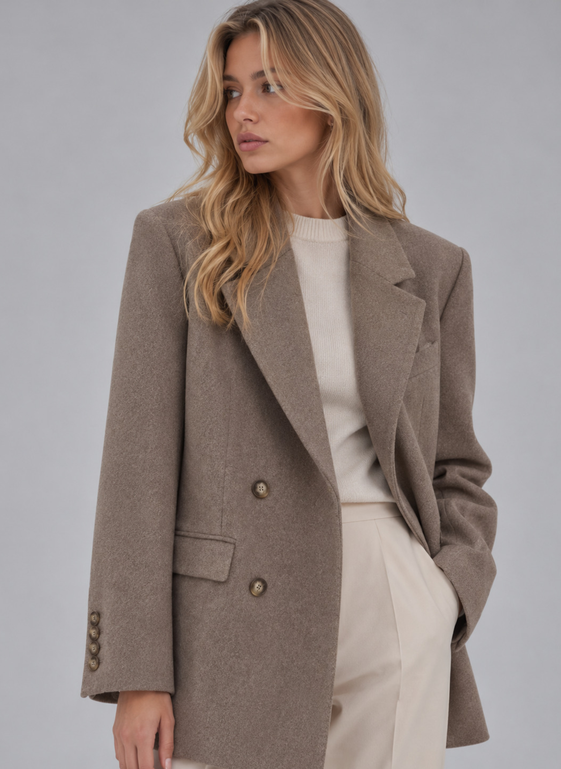 Woman wearing taupe double-breasted oversized blazer with white ribbed sweater and cream trousers against gray background