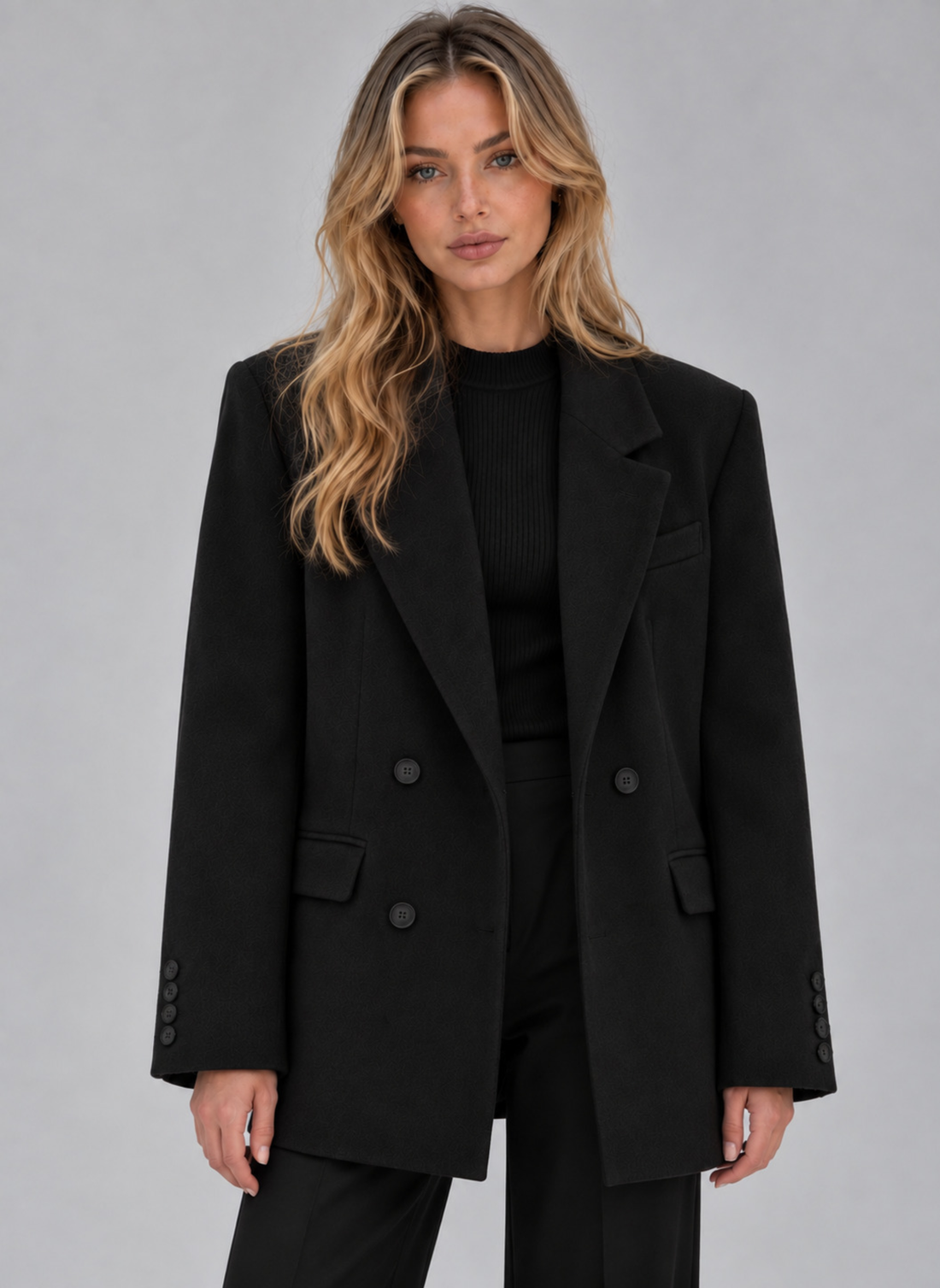 Woman wearing black tailored longline double-breasted oversized blazer jacket over black ribbed top