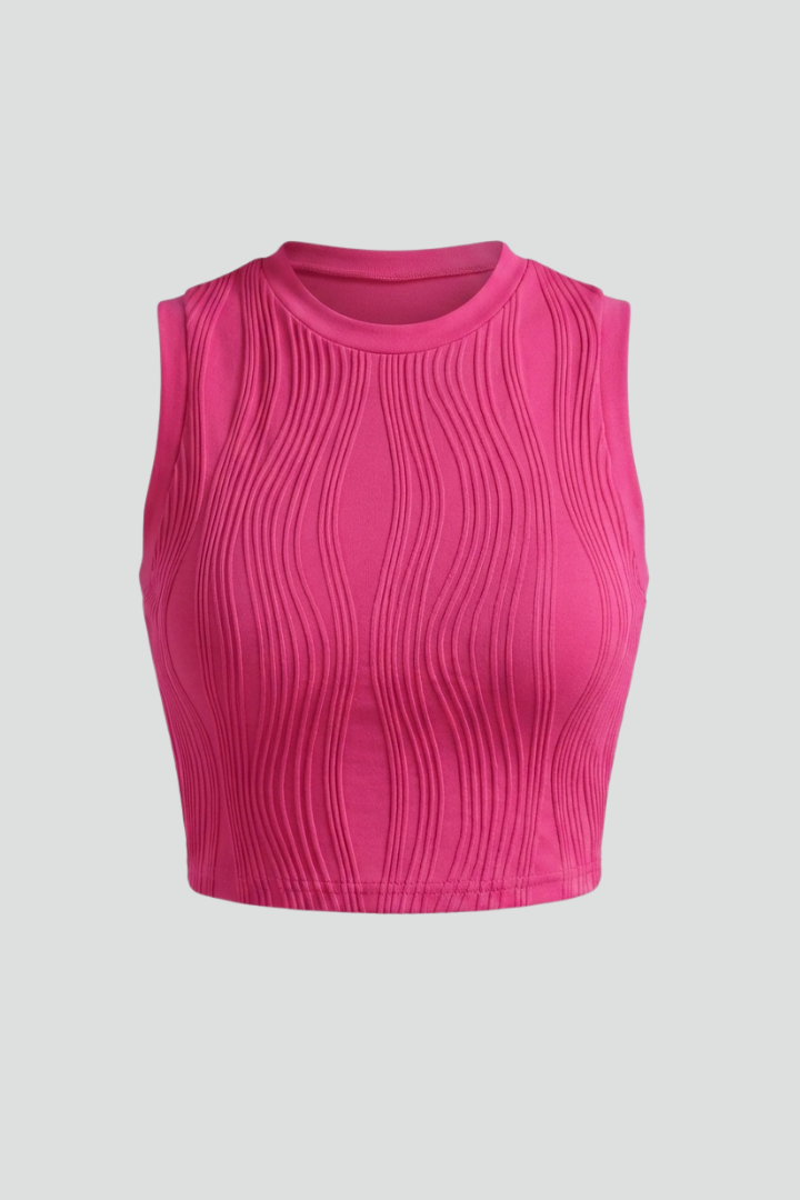 Vera Women's Ribbed High Neck Crop Top in Hot Pink - Sleeveless fitted cropped tank with vertical ribbed texture