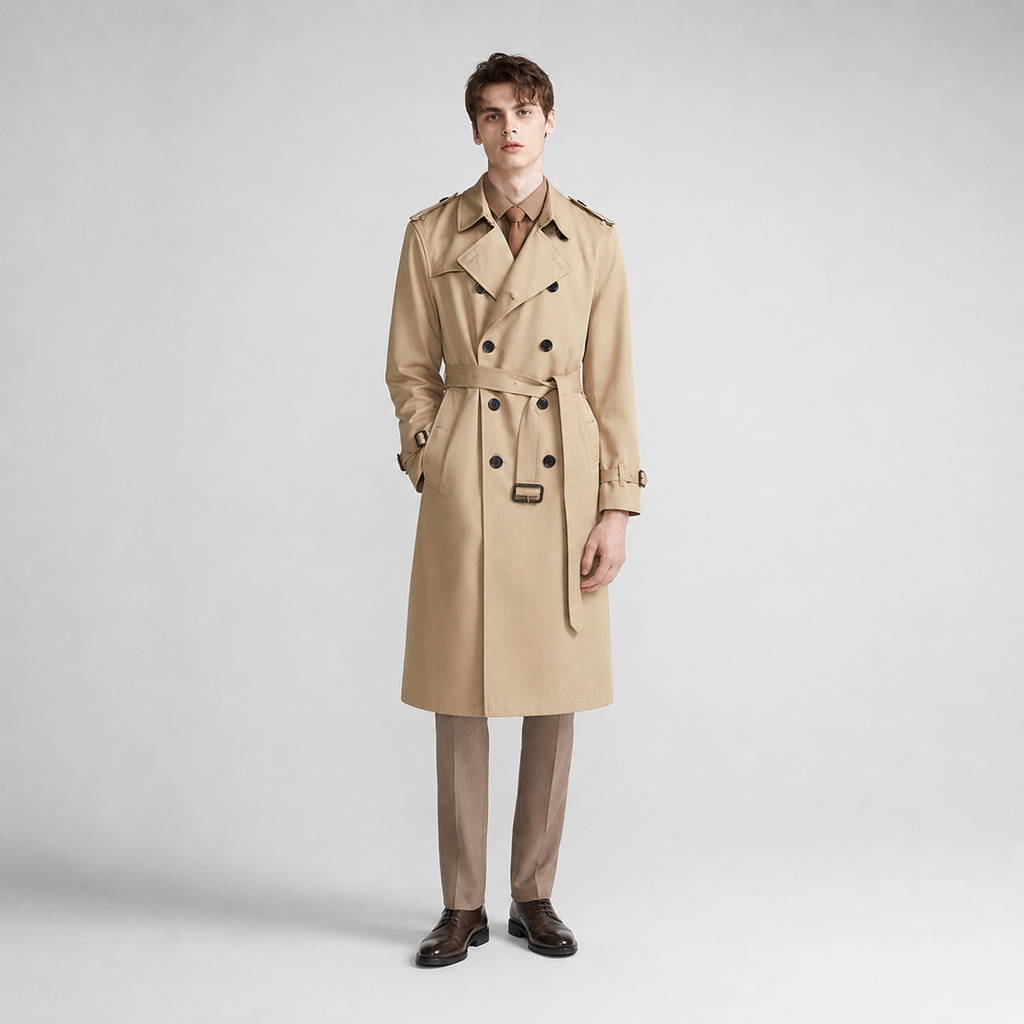 Men's belted double breasted trench coat in camel, worn with brown shoes and neutral trousers