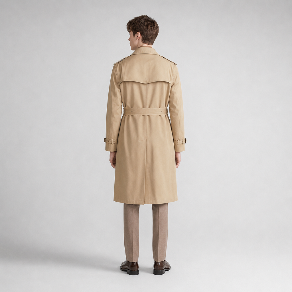 Back view of men's belted beige trench coat with double-breasted design, long sleeves, and brown dress shoes