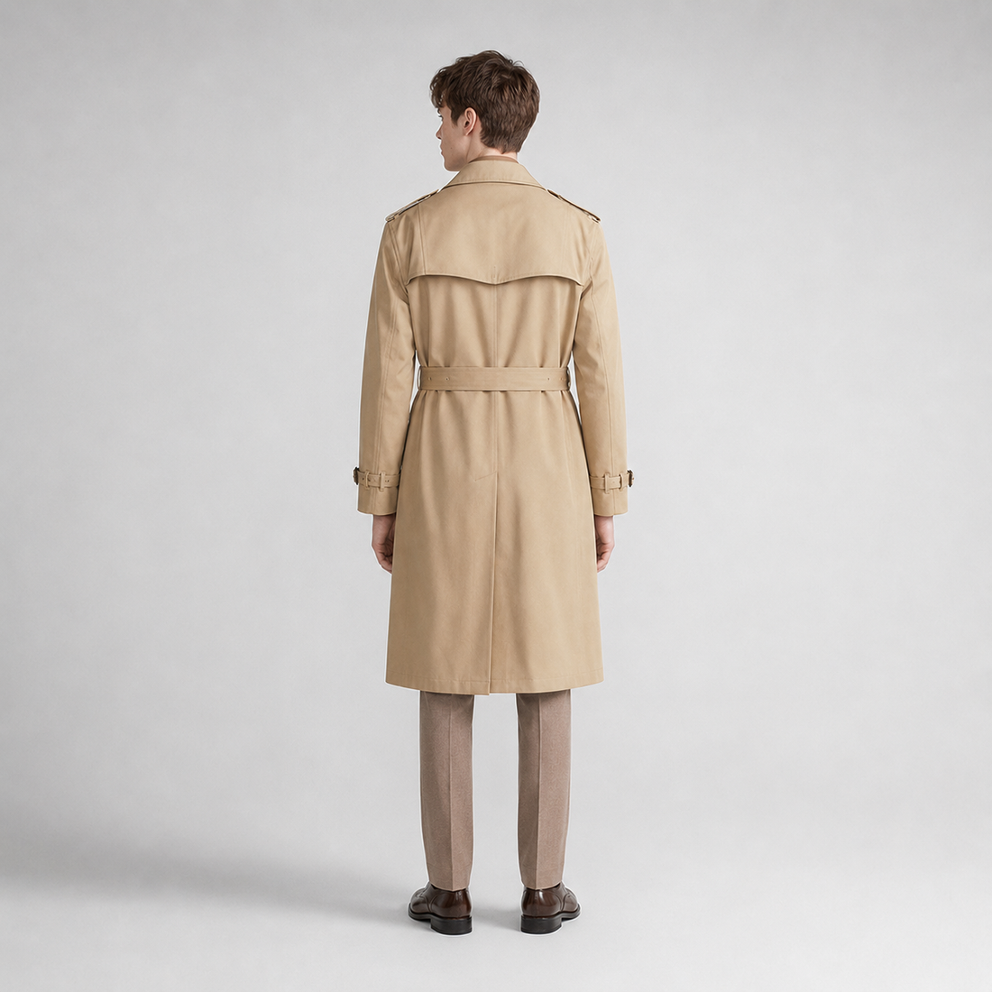 Back view of men's belted beige trench coat with double-breasted design, long sleeves, and brown dress shoes