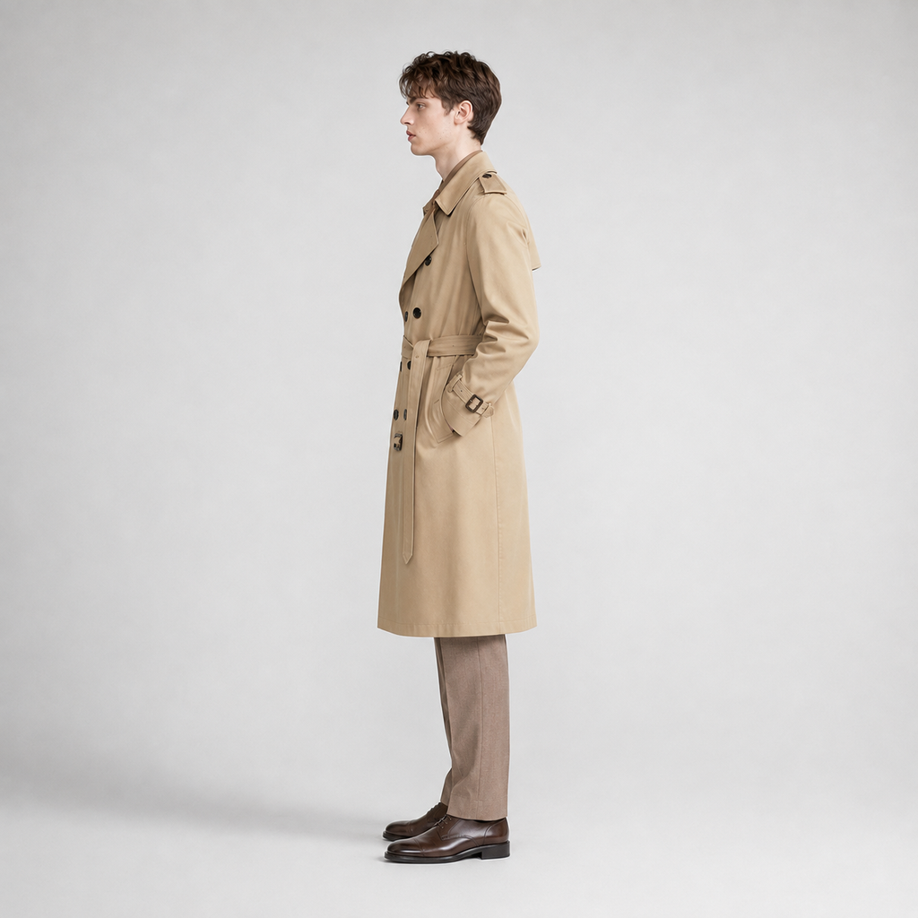 Man wearing a beige belted double breasted trench coat with long sleeves over tan pants and brown leather shoes, standing in profile against a white background