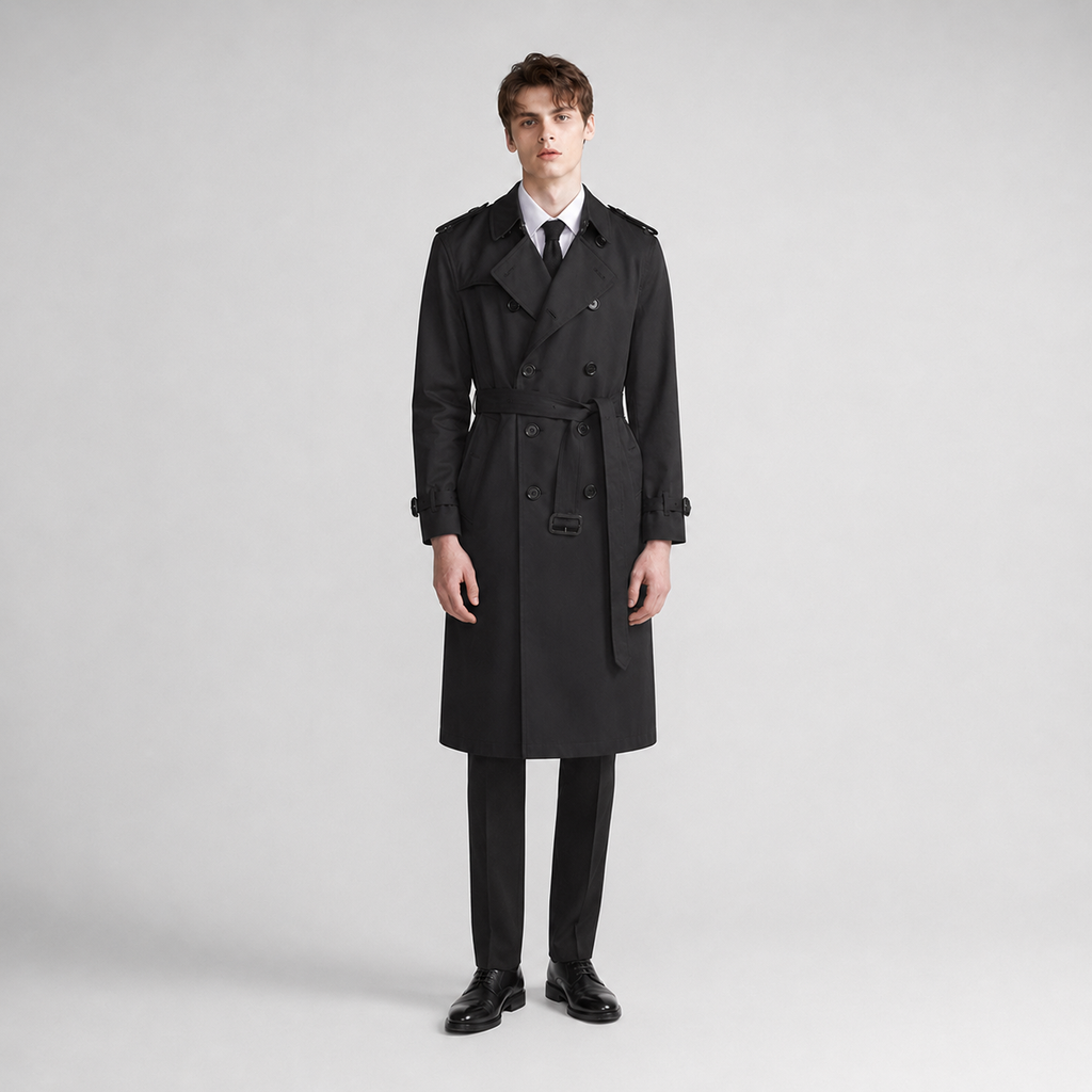 Man wearing black belted double breasted trench coat with white dress shirt and tie, styled with black trousers and black leather shoes