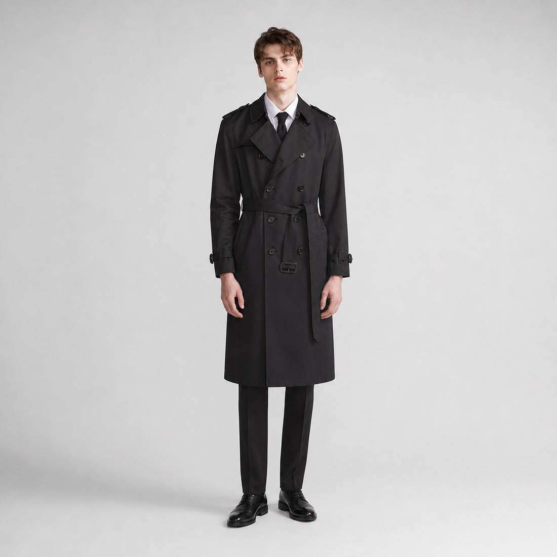 Man wearing black belted double breasted trench coat with white dress shirt and tie, styled with black trousers and black leather shoes