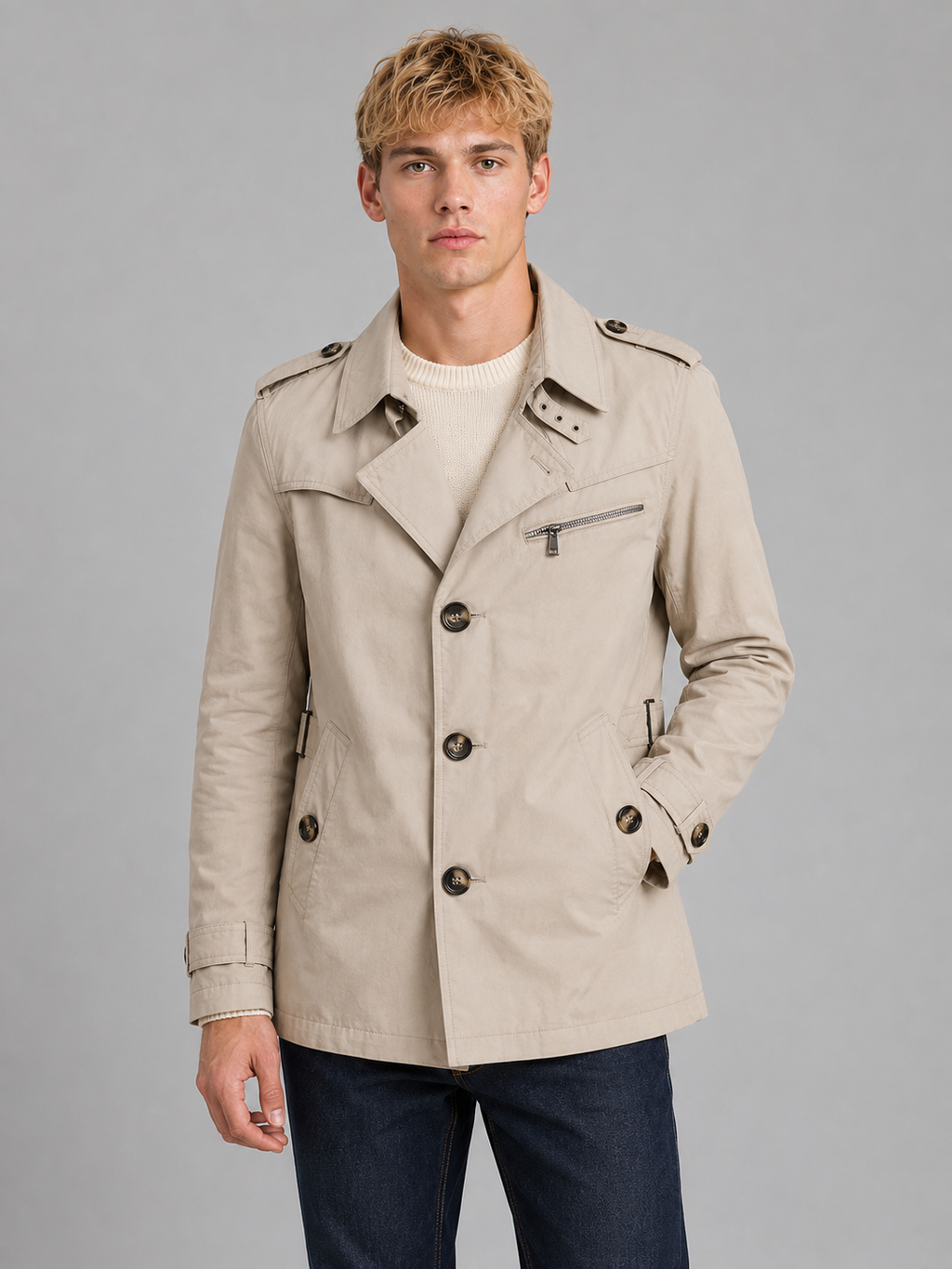 Men's classic beige double-breasted overcoat with belt, button closure, and chest pocket, worn over cream sweater with dark jeans