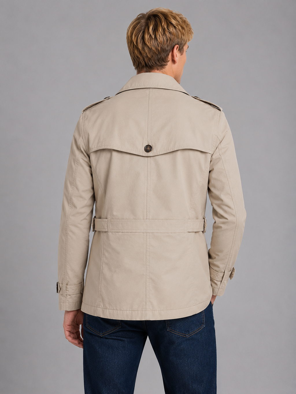 Men's classic beige belted overcoat with double breasted design, shown from back view wearing dark jeans