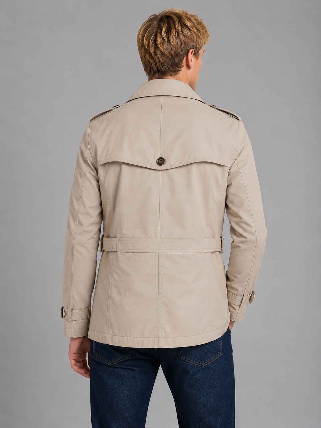 Men's classic beige belted overcoat with double breasted design, shown from back view wearing dark jeans
