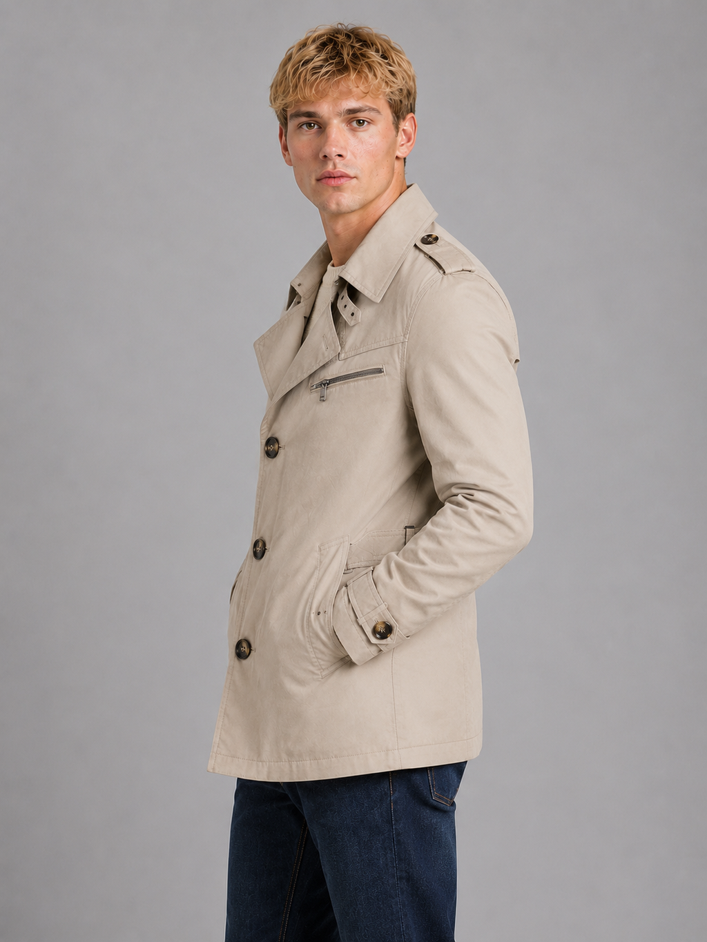 Man wearing beige belted double breasted overcoat over dark jeans, standing against gray background