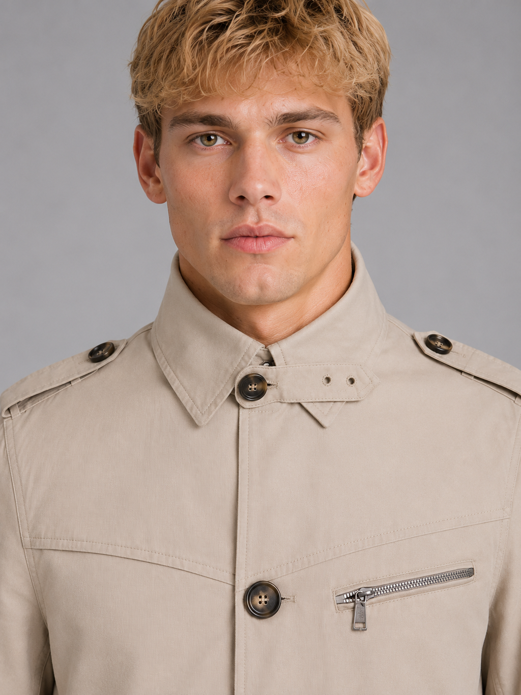 Men's beige classic belted double breasted overcoat with collar and decorative buttons, front view on model