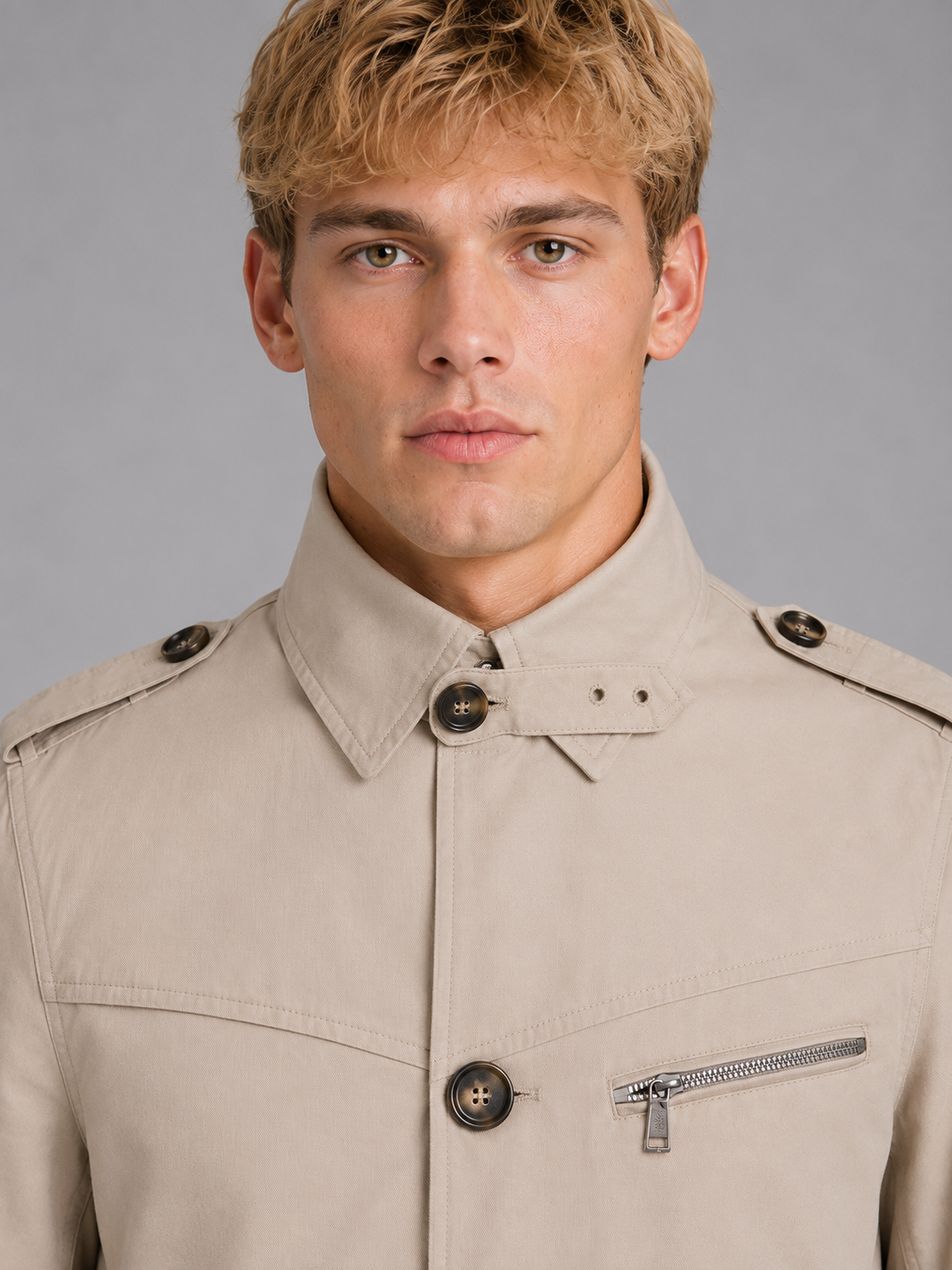 Men's beige classic belted double breasted overcoat with collar and decorative buttons, front view on model