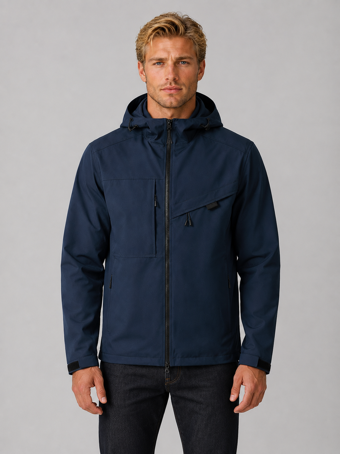 Man wearing navy blue hooded zip-up windbreaker jacket with dark jeans against white background