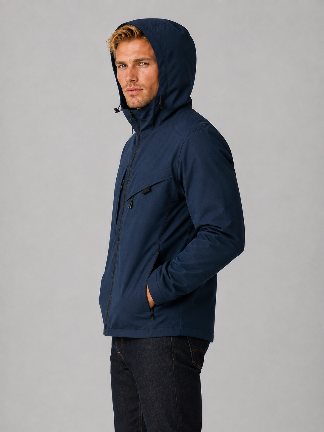 Man wearing navy blue hooded windbreaker jacket with zip front and hand pockets over dark jeans