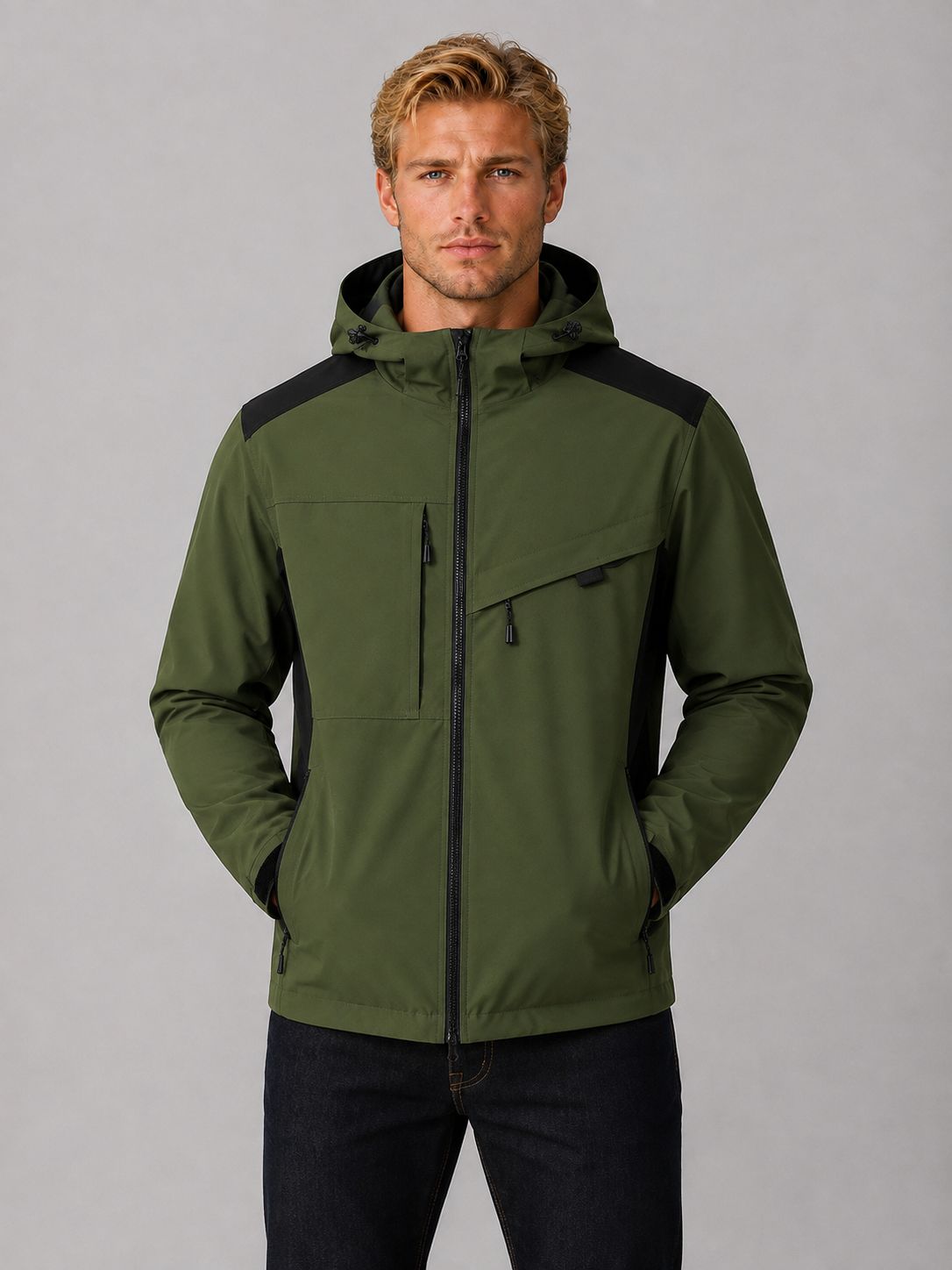 Man wearing olive green and black hooded windbreaker jacket with front zip and pockets over dark jeans