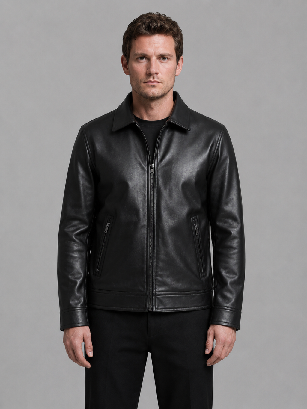 Man wearing black leather jacket with zip pockets and collar, classic regular fit style, paired with black pants