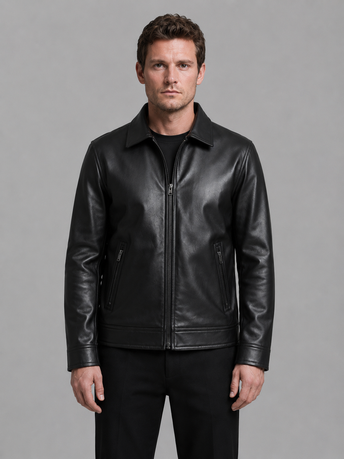 Man wearing black leather jacket with zip pockets and collar, classic regular fit style, paired with black pants