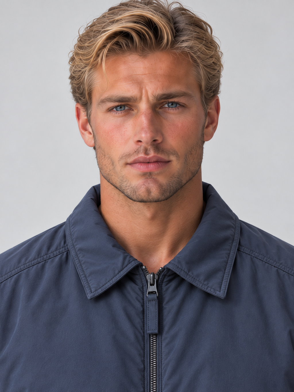 Man wearing dark navy blue lightweight padded collared bomber jacket with full zip closure