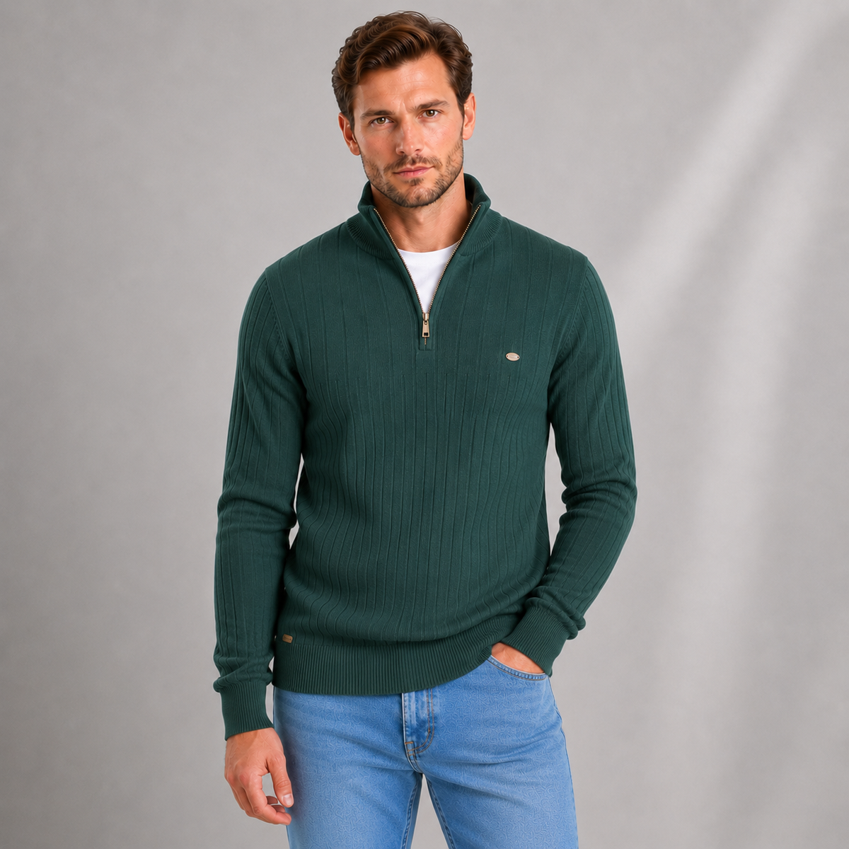 Man wearing dark green ribbed quarter zip funnel neck jumper over white shirt with blue jeans