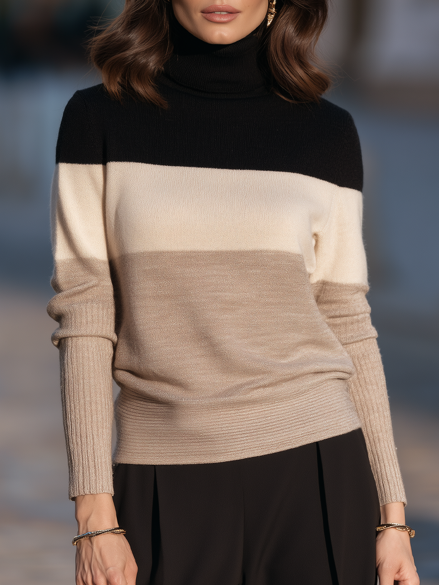 Woman wearing black, cream, and beige colorblock ribbed knit turtleneck sweater with long sleeves and black pants