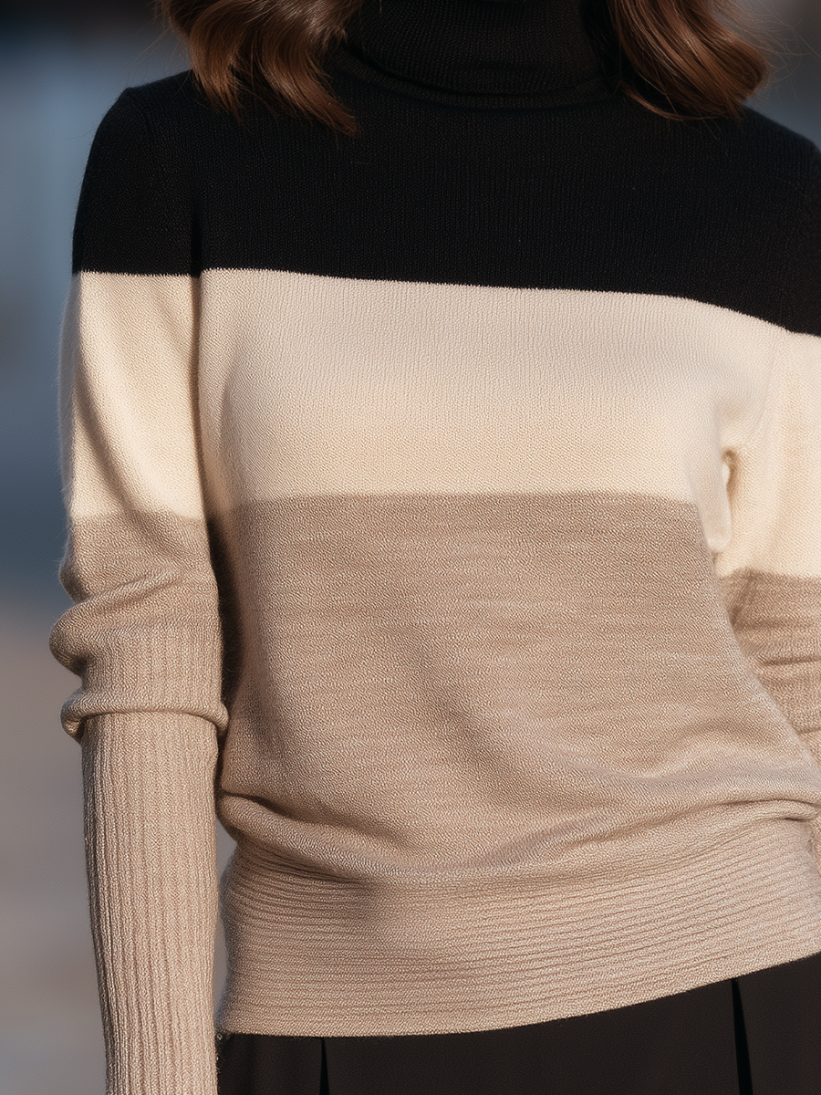 Women's colorblock ribbed knit turtleneck sweater with black and cream color blocking, shown on model from shoulders down