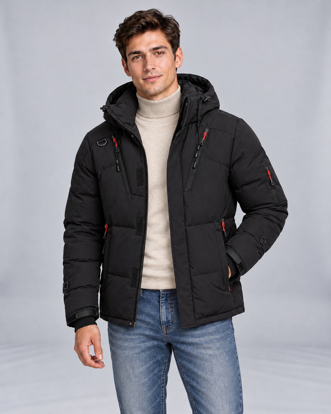 Mountain East Hooded Down Puffer Jacket in Black — front view, styled on Male Model B